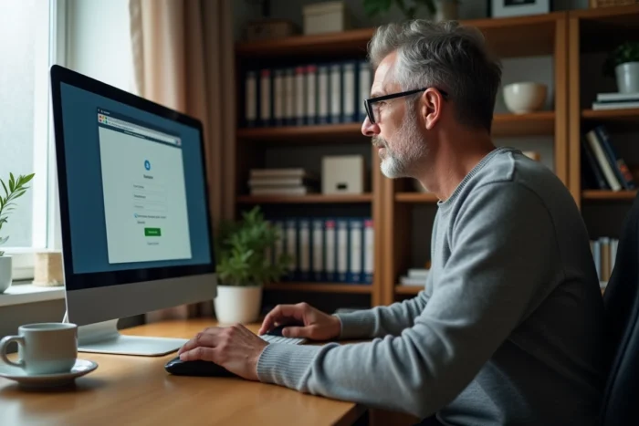 Homme en télétravail accédant à la messagerie académique webmail depuis son bureau à domicile