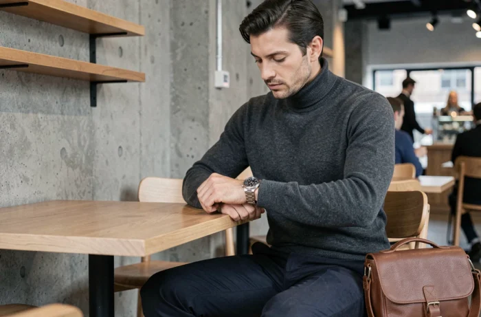 Homme stylé ajustant sa montre chronographe dans un café urbain minimaliste avec sac en cuir messenger