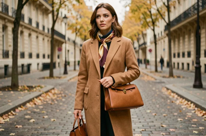 Femme élégante en manteau camel avec sac en cuir structuré et foulard en soie dans une rue parisienne en automne