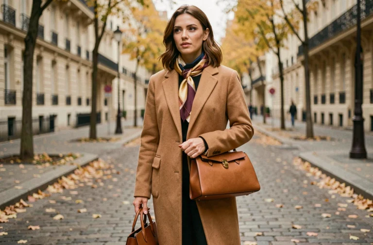 Femme élégante en manteau camel avec sac en cuir structuré et foulard en soie dans une rue parisienne en automne