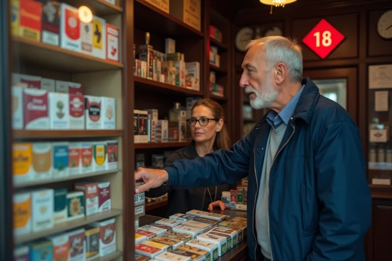 Un homme demandant des cigarettes au comptoir d'un bureau de tabac français en 2026