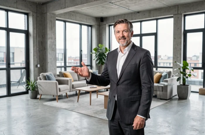 Agent immobilier masculin présentant un appartement rénové haut de gamme avec vue urbaine en 2024