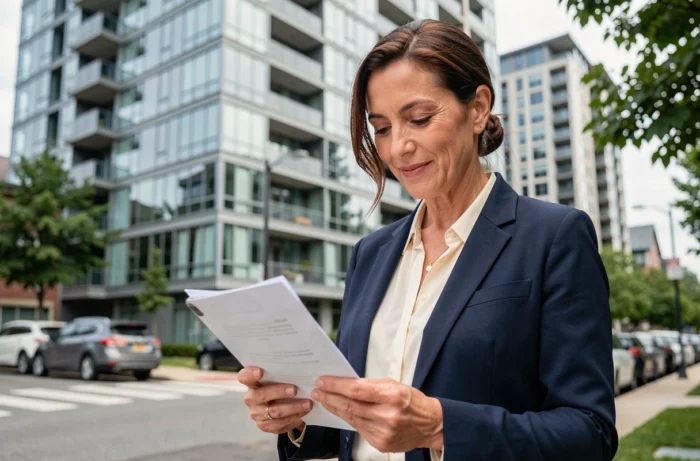 Agent immobilière professionnelle devant un immeuble moderne en 2024, tenant une tablette avec des documents de vente