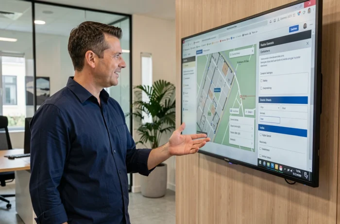 Agent immobilier présentant des outils numériques interactifs dans une agence moderne