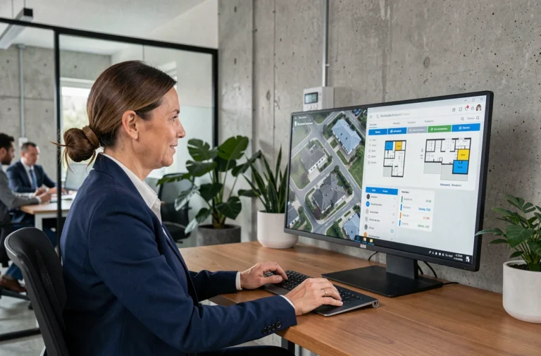 Agente immobilière utilisant une solution digitale sur écran tactile pour gérer des annonces immobilières dans un bureau moderne