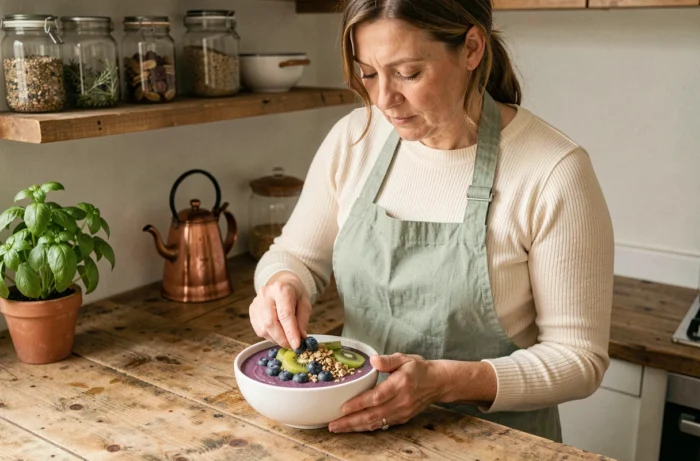 Femme préparant un bol smoothie nutritif dans une cuisine naturelle pour prendre soin de sa santé