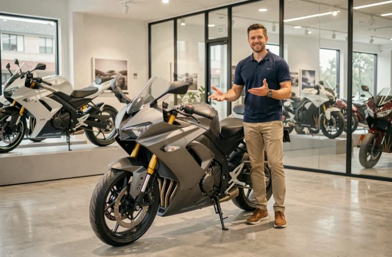 Concessionnaire moto présentant une alternative moderne à la Yamaha R1 dans une salle d'exposition en 2024