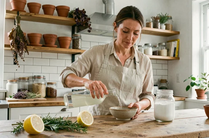 Femme versant du vinaigre blanc dans un bol en céramique entouré d'ingrédients naturels comme le citron et le bicarbonate sur un plan de travail en bois, alternative écologique à l'acide oxalique