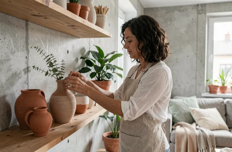 Femme aménageant une étagère en bois avec des vases céramiques artisanaux dans un salon scandinave aux murs en béton et plantes vertes