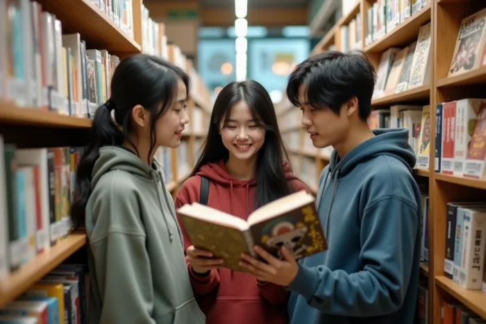 Trois amis explorant des rayons de mangas One Piece dans une librairie japonaise, ambiance conviviale et passionnée