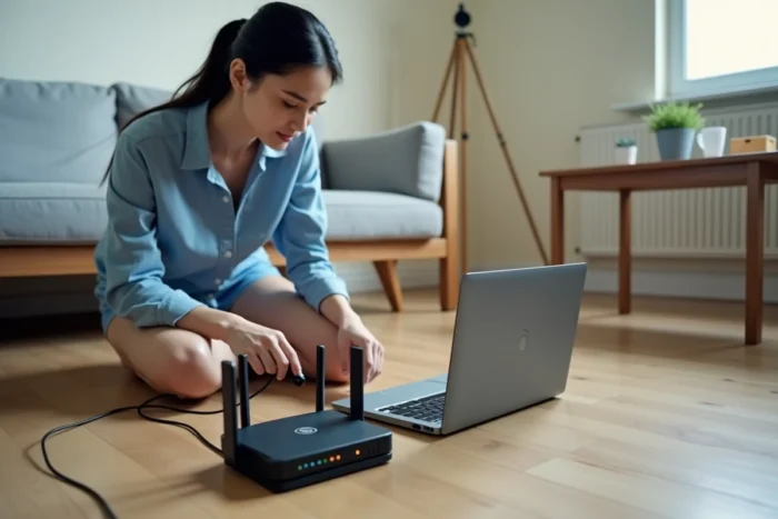 Femme connectant un câble Ethernet à un routeur Wi-Fi pour analyser la bande passante internet depuis un salon moderne