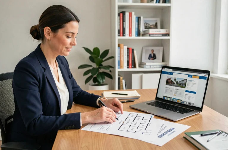 Professionnelle de l'immobilier analysant la structure d'une carte du site sur papier et ordinateur portable dans un bureau moderne