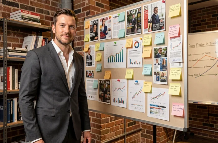 Analyste de tendances debout devant un tableau de veille économique dans un studio éditorial