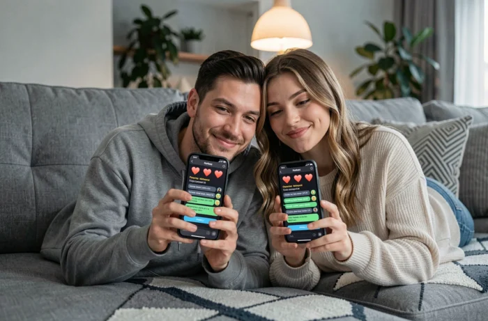 Un couple utilise une application de messagerie chiffrée sur leurs smartphones pour s'envoyer des messages codés en privé