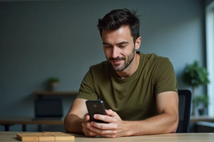 Homme utilisant une application mobile pour vérifier un mot valide au Scrabble en français