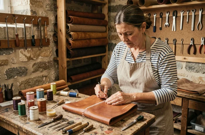 Artisane française cousant à la main un sac en cuir dans un atelier parisien aux murs en pierre