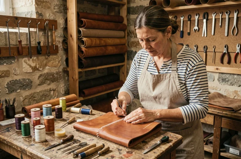 Artisane française cousant à la main un sac en cuir dans un atelier parisien aux murs en pierre
