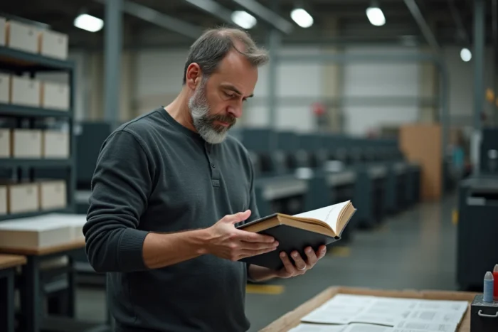 Homme inspectant un livre fraîchement imprimé dans un atelier d'impression industrielle