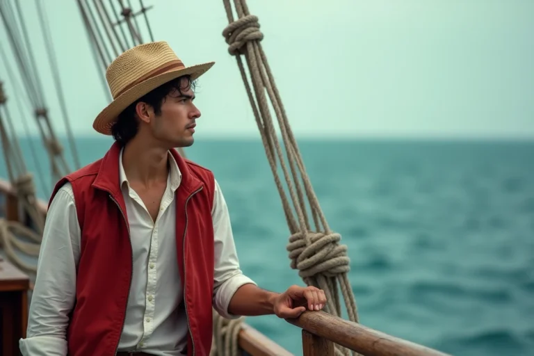 Jeune homme en chapeau de paille sur un voilier en bois regardant l'horizon marin, évoquant l'univers d'aventure de One Piece