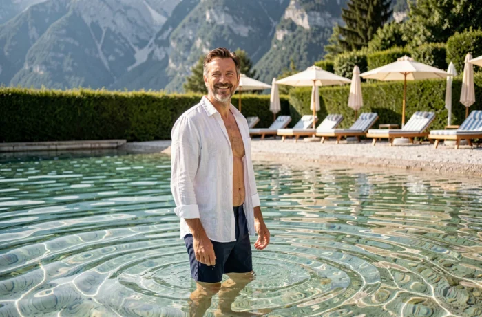 Homme dans les eaux cristallines du lac d'Annecy depuis une plage privée avec vue sur les Alpes