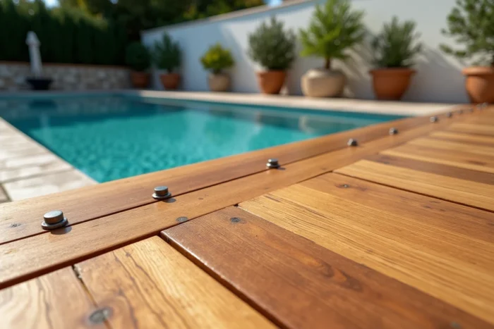 Bardage en bois exotique bangkirai autour d'une piscine hors sol avec terrasse en pierre