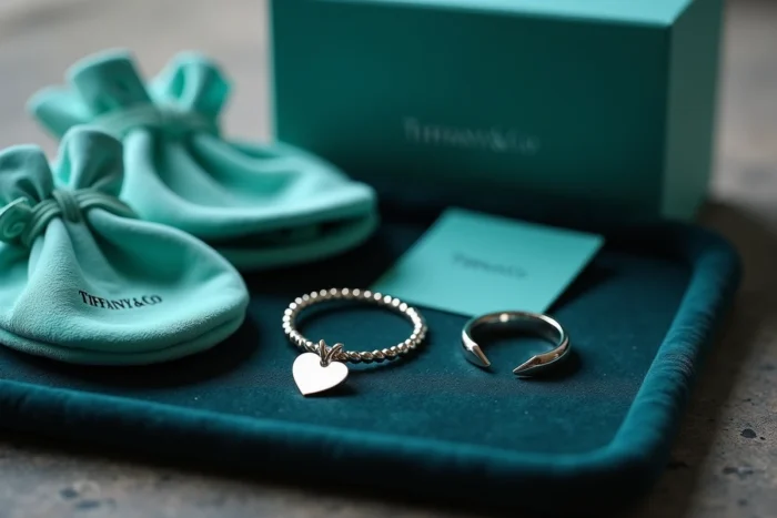 Présentation de bijoux iconiques Tiffany and Co en argent sterling sur plateau velours marine, avec packaging bleu et carte de marque