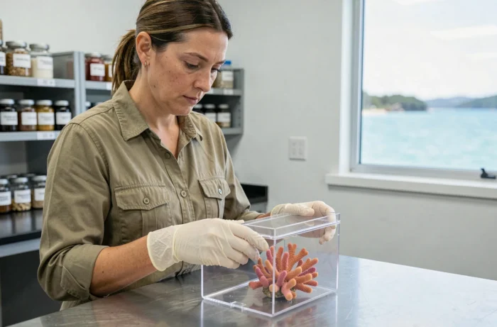 Biologiste marine examinant un fragment de corail dans un conteneur réglementaire dans un laboratoire côtier australien
