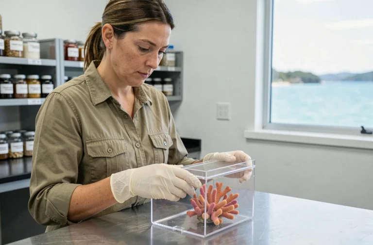 Biologiste marine examinant un fragment de corail dans un conteneur réglementaire dans un laboratoire côtier australien