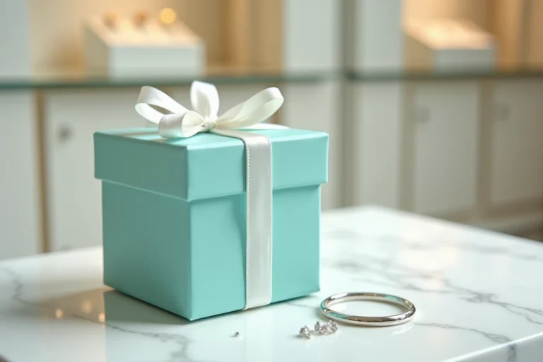 Boîte cadeau emblématique Tiffany and Co en bleu turquoise avec ruban satiné blanc sur marbre, entourée de bijoux en argent et diamants