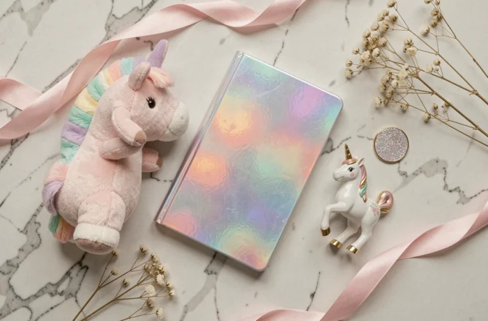 Flat lay de cadeaux originaux sur le thème de la licorne avec carnet holographique, peluche et figurine en céramique sur marbre blanc