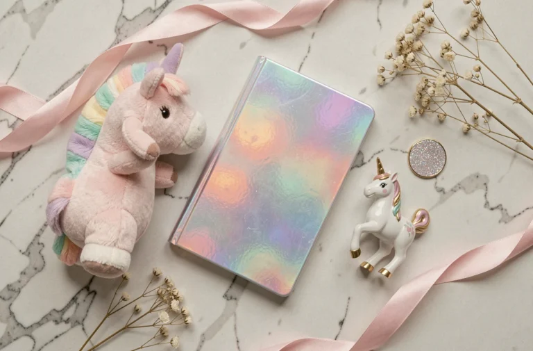 Flat lay de cadeaux originaux sur le thème de la licorne avec carnet holographique, peluche et figurine en céramique sur marbre blanc