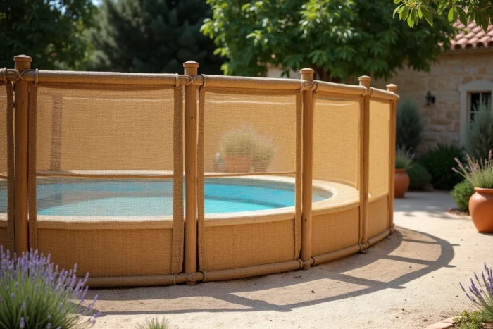 Canisse naturelle en roseau habillant une piscine hors sol dans un jardin de style provençal