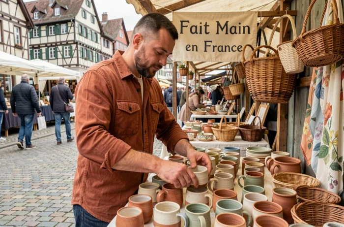 Artisan céramiste arrangeant des poteries faites main sur un marché artisanal français en plein air