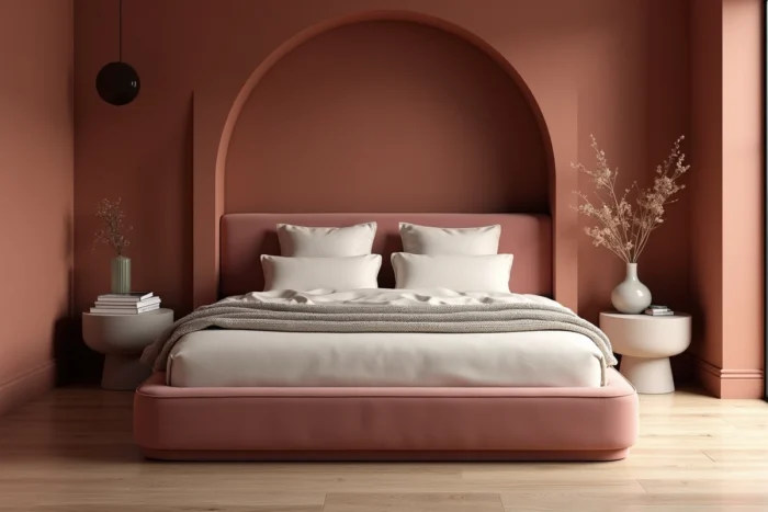Chambre principale tendance avec tête de lit en velours rose poudré, literie en lin ivoire et mur en argile chaude, décoration intérieure 2024