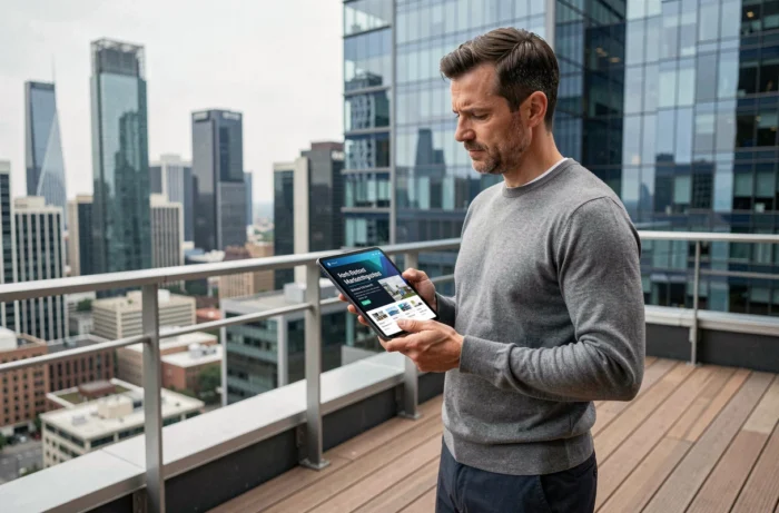 Chef d'entreprise consultant une interface marketing innovante sur tablette depuis une terrasse urbaine moderne