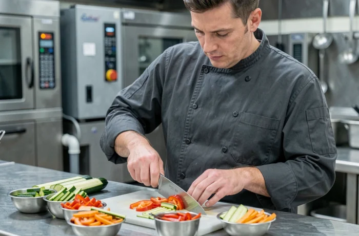 Chef professionnel découpant des légumes en julienne dans une cuisine professionnelle en inox