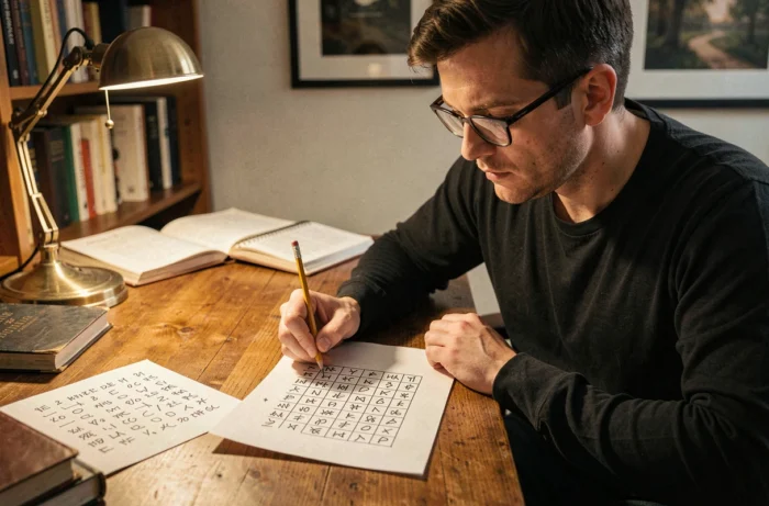 Un homme rédige un message codé à l'aide d'un cipher personnel et d'une grille de chiffrement dessinée à la main sur son bureau