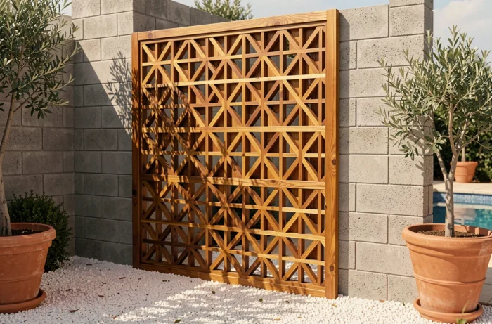 Claustra en bois à motif géométrique installé devant un mur en parpaing dans un jardin méditerranéen