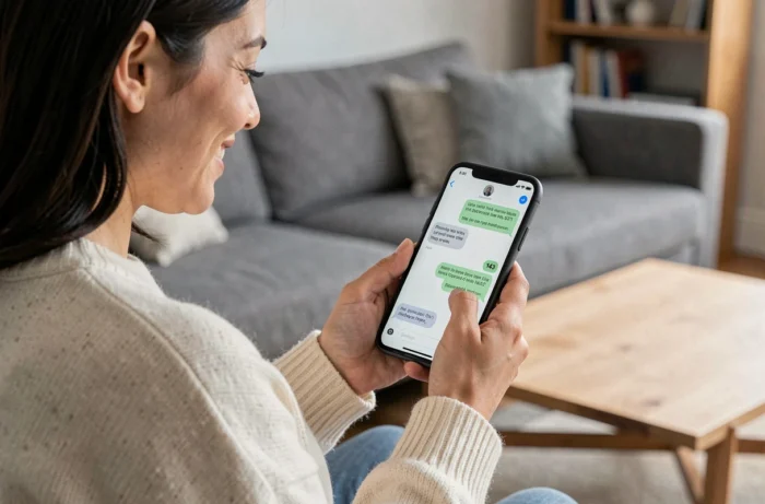 Une femme envoie un texto anodin contenant le code 143 sur son smartphone dans un salon moderne