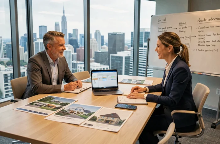 Deux professionnels de l'immobilier collaborant autour d'outils digitaux de communication et de CRM immobilier en salle de réunion