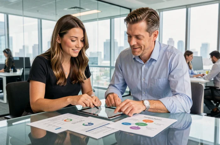 Deux professionnels de l'immobilier collaborant sur une stratégie de carte du site blog autour d'une table de réunion en agence