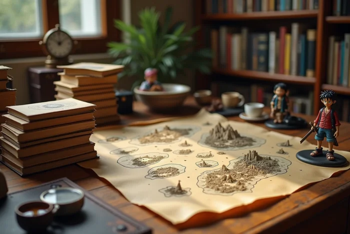 Bureau de collectionneur couvert de mangas One Piece, cartes de pirates et figurines dans une ambiance studieuse et nostalgique