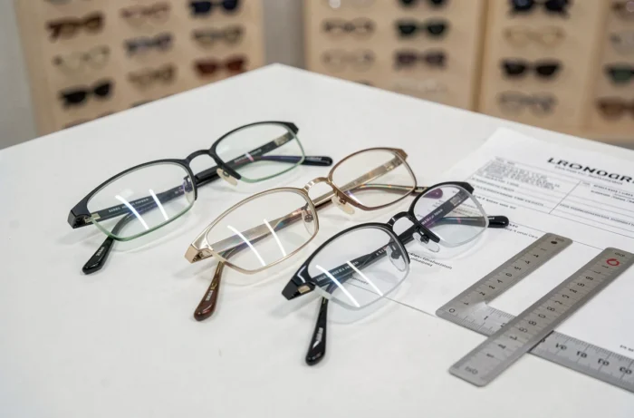 Comparaison de l'épaisseur de différents verres de lunettes correcteurs posés sur un comptoir d'opticien
