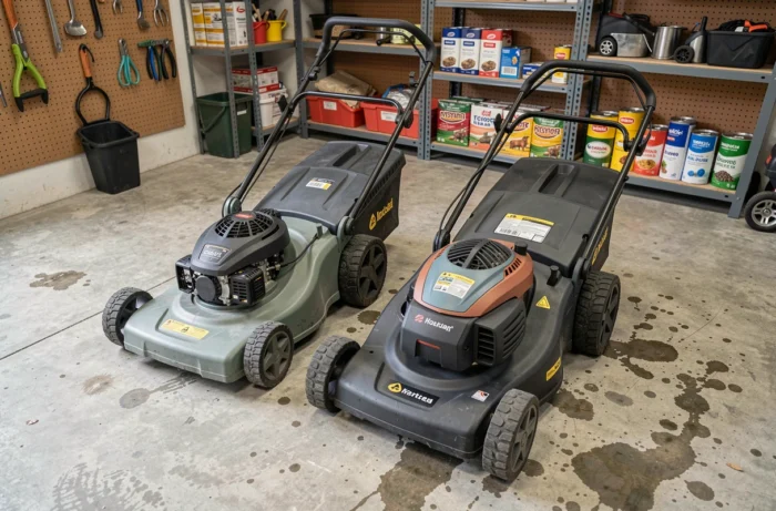 Comparaison de deux tondeuses électriques, une filaire et une à batterie, posées dans un garage pour illustrer les différences de prix et de gamme
