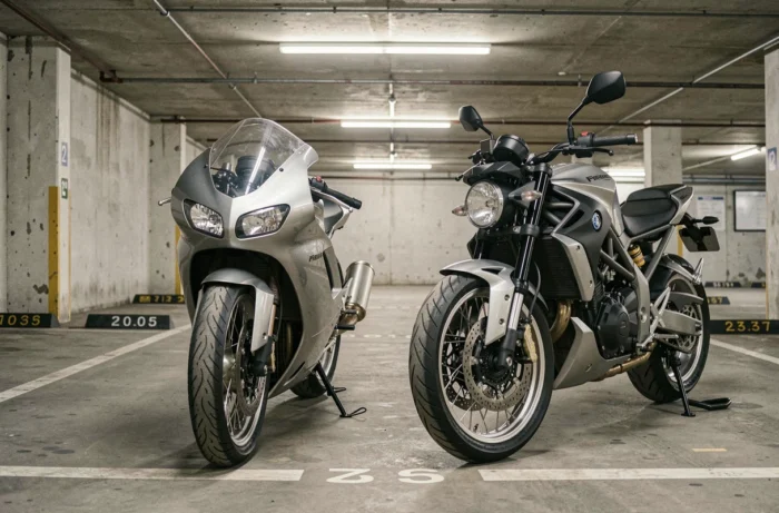 Comparatif de deux motos sportives alternatives à la Yamaha R1 dans un parking urbain