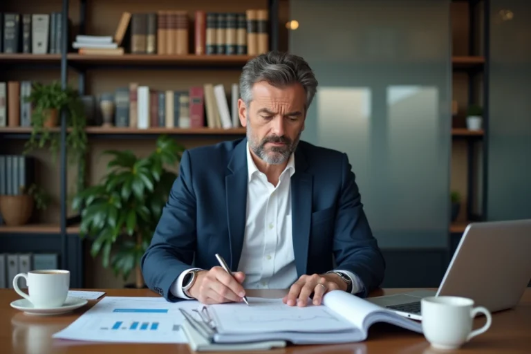 Comptable analysant des documents financiers relatifs au compte courant d'associé sur un bureau en bois dans un cabinet professionnel