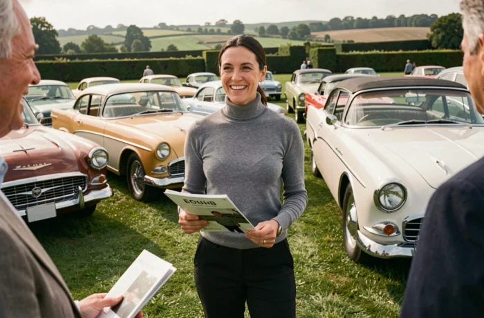 Femme passionnée d'automobiles classiques lors d'un concours d'élégance en plein air