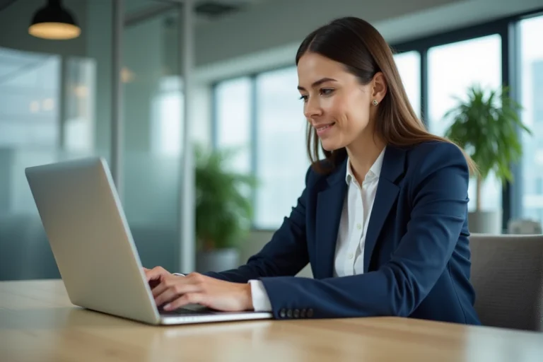 Femme professionnelle connectée à sa messagerie webmail Nancy-Metz sur un ordinateur portable dans un bureau moderne