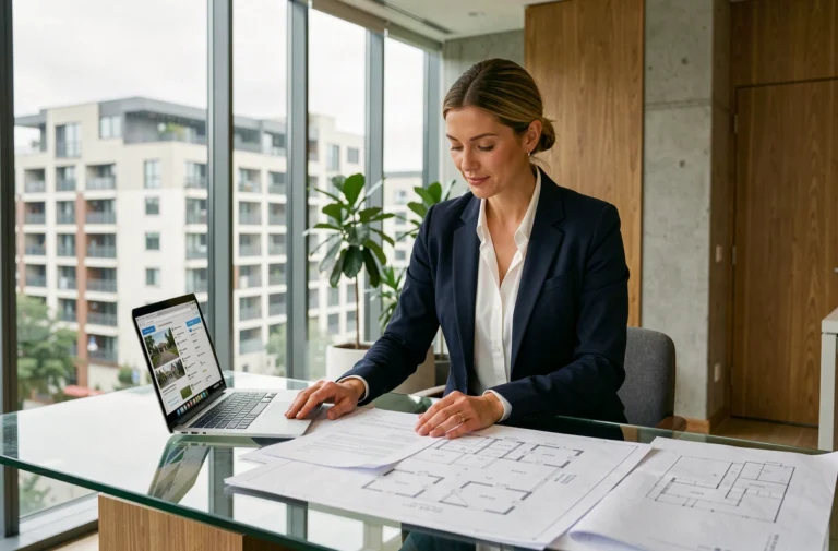 Conseillère immobilière analysant des documents d'investissement dans une agence moderne avec vue sur la ville