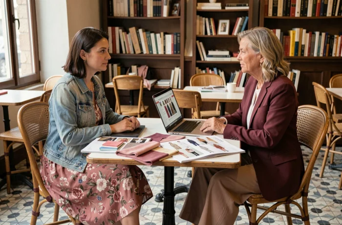 Deux femmes discutant de tendances mode autour de magazines et de looks dans un café parisien